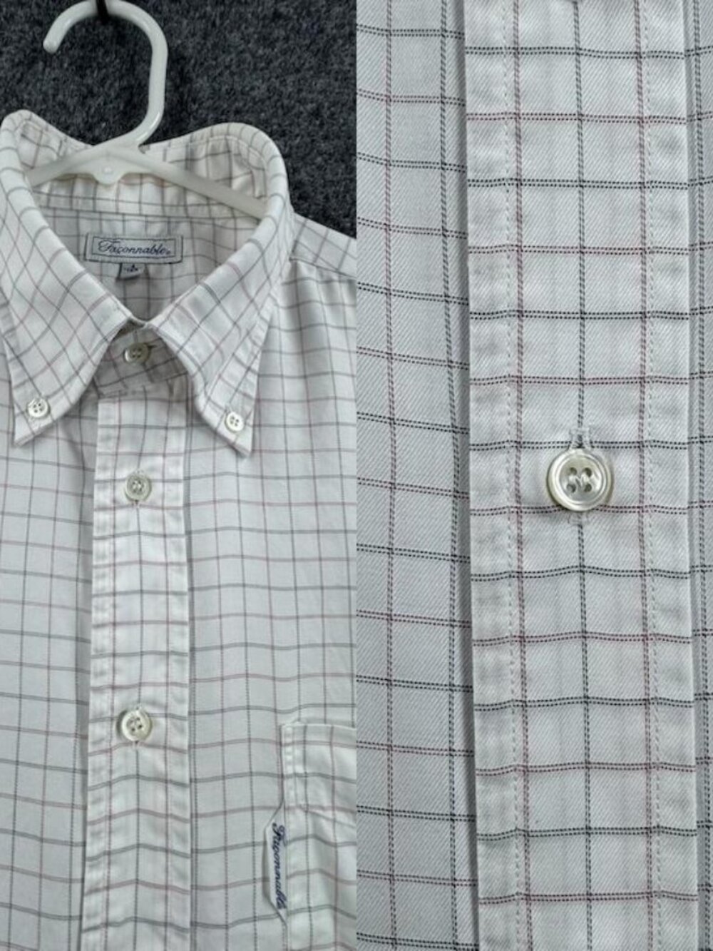 Faconnable Logo White Check Button-Down 16 Cotton Pocket Mens French Shirt Woven